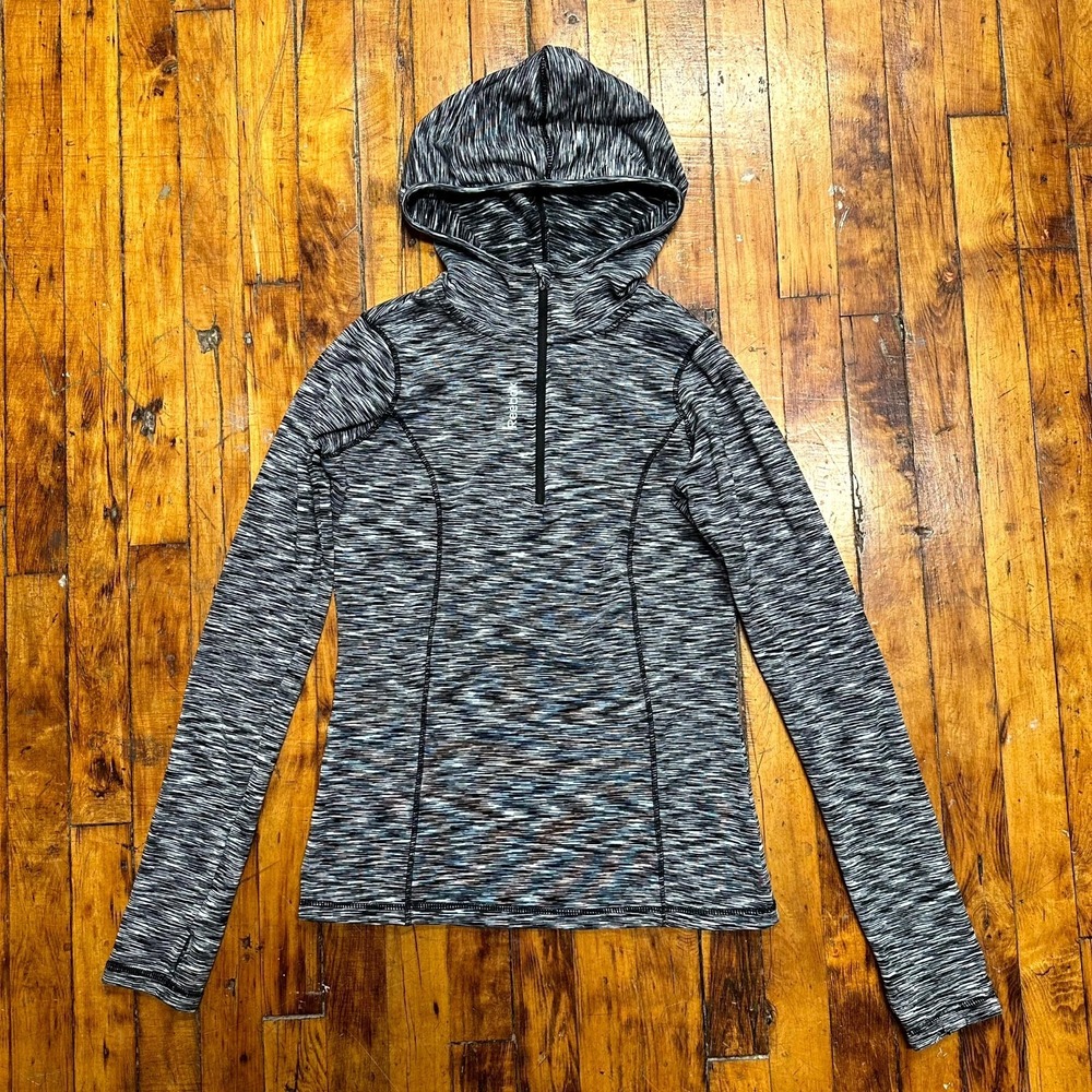 Reebok Activewear Top Women XS Heather Gray Thumbhole Sleeves Hooded Quarter-Zip